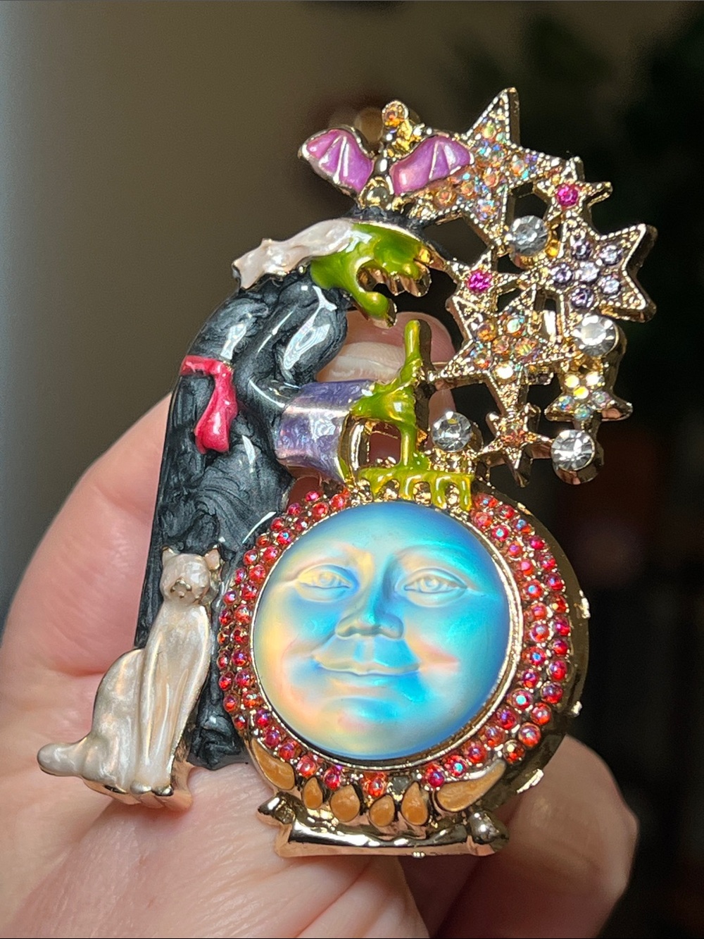 Whimsical Kirk’s Folly Style Halloween Enamel Witch Moon Face Brooch - Picture 3 of 8